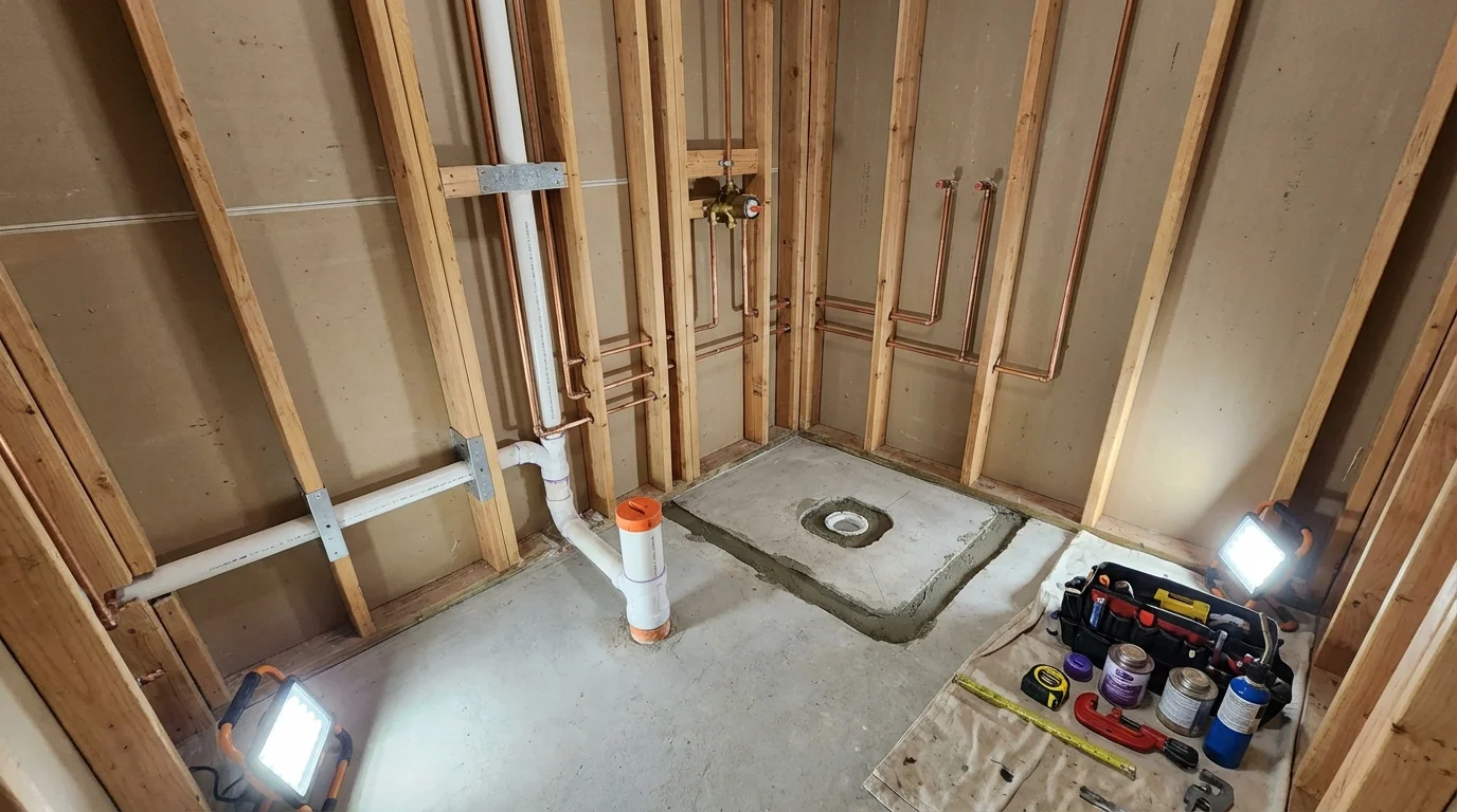 Bathroom rough-in plumbing during remodel by Johns Plumbing LLC in Port Washington