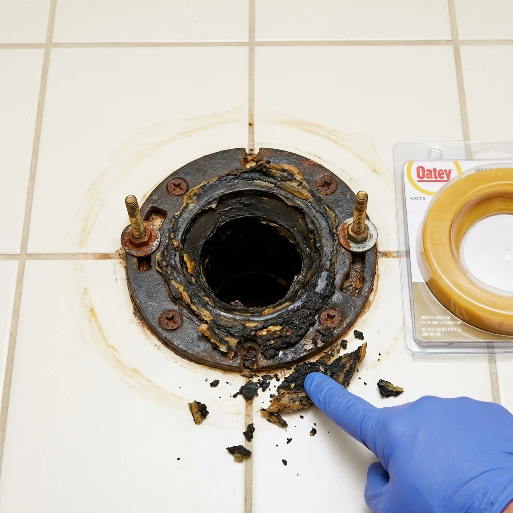 Failed wax ring showing water seepage at the base of a toilet in a Port Washington, WI home