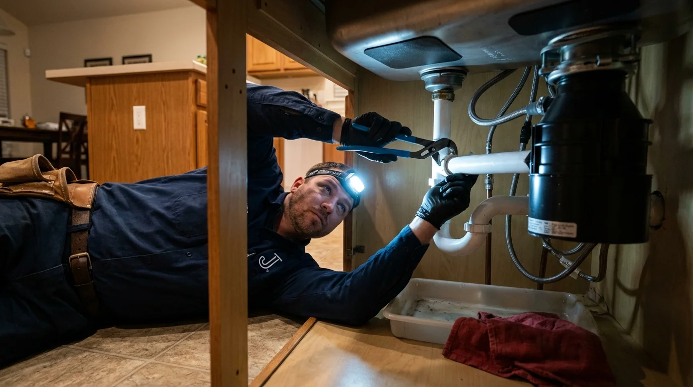 P-trap and supply line connections under a kitchen sink showing a common leak point in Port Washington, WI